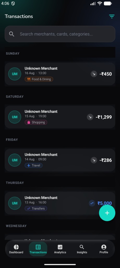 Transactions — SMS-detected expenses