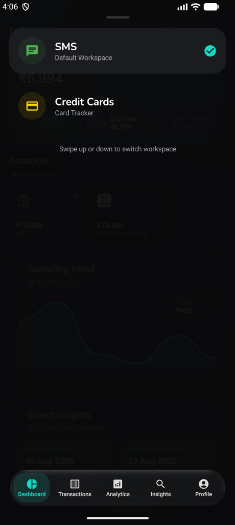 Swipe workspace switcher — switch between SMS and Credit Cards